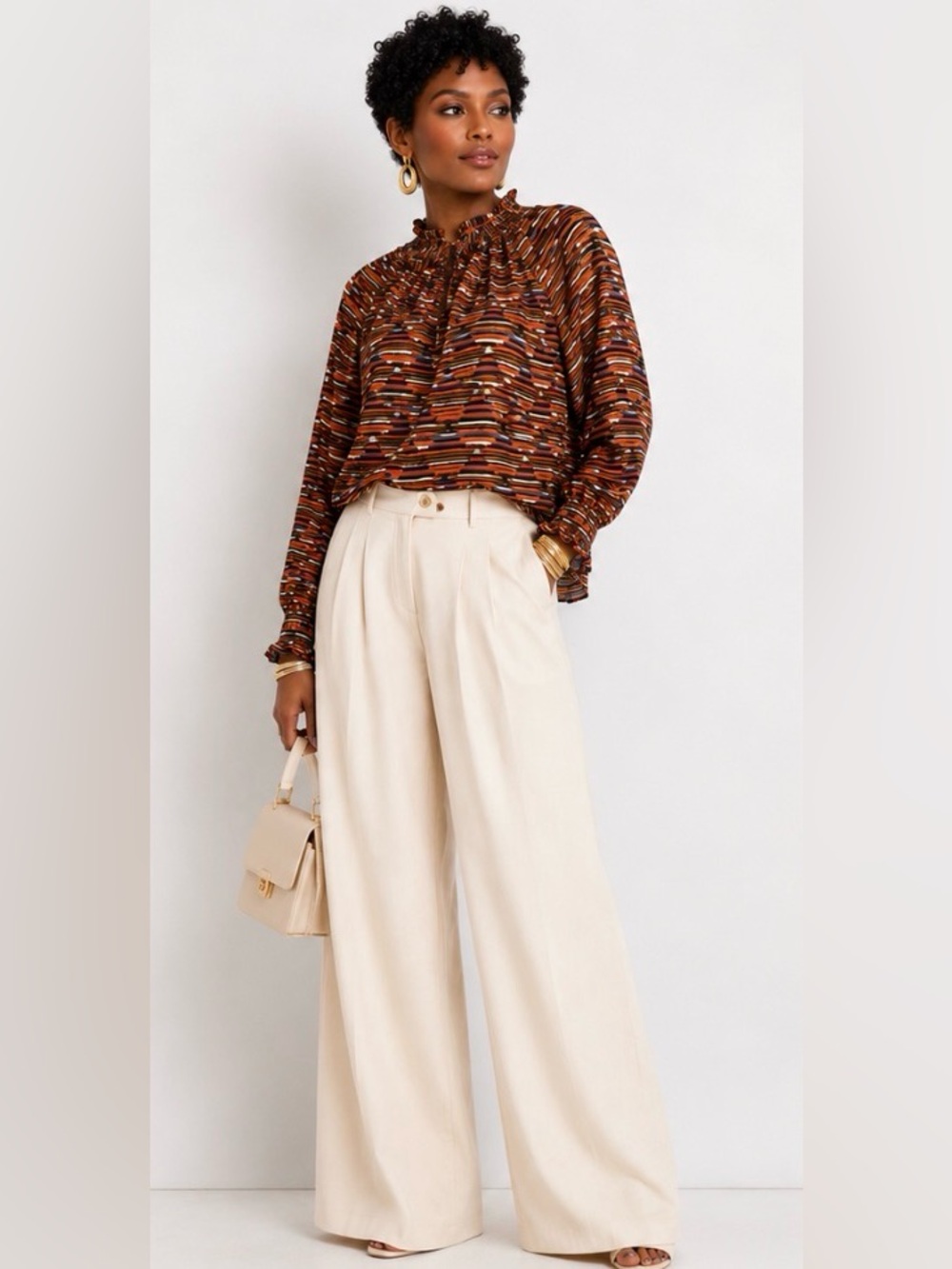 LOFT Rust Multi Ruffle-Neck Long Sleeve Blouse - Picture 2 of 11